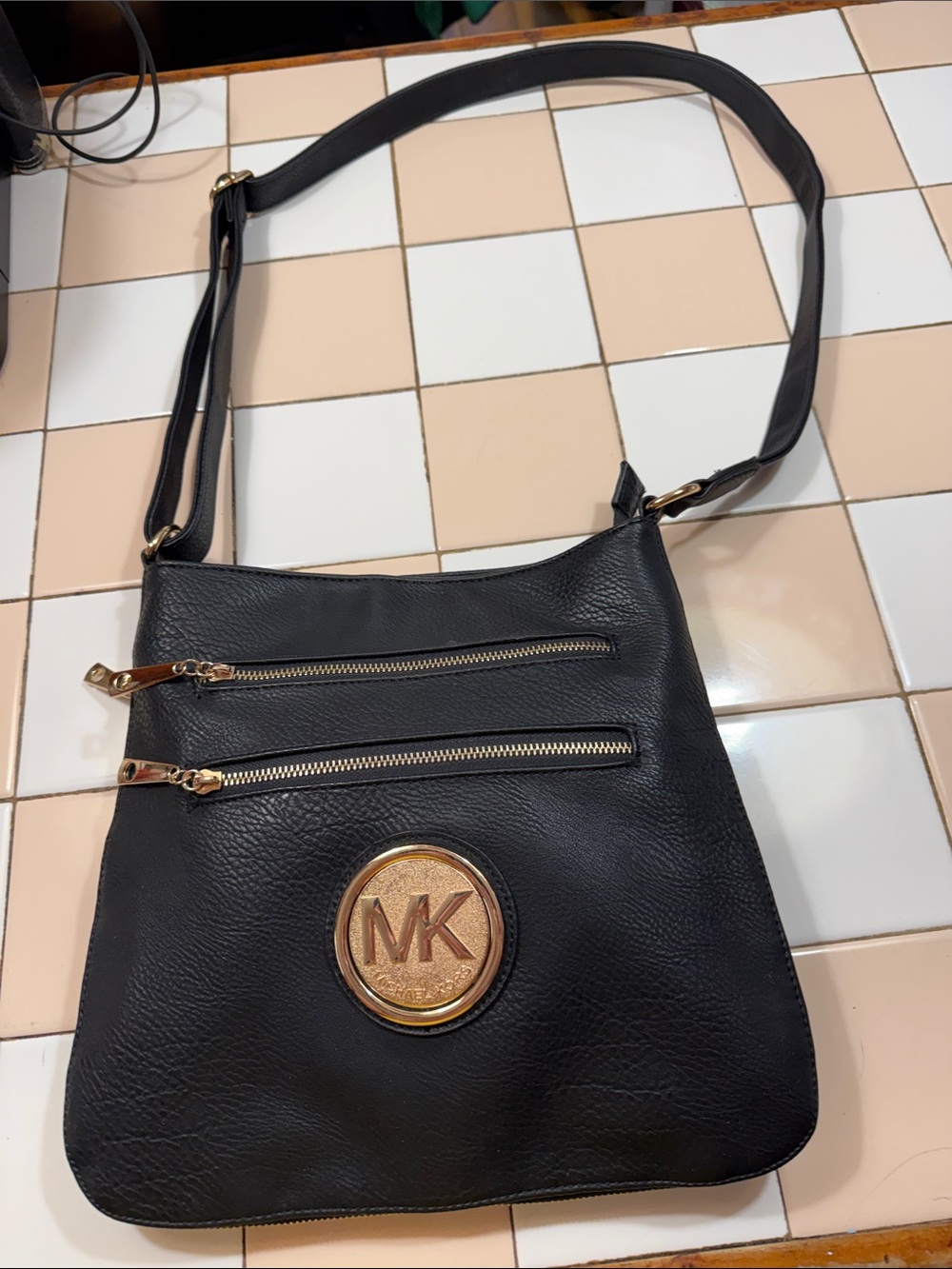 Michael Kors Black Leather Crossbody with Gold MK Emblem